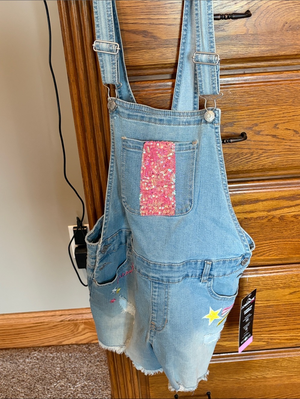 Jordache Light Blue Denim Girls Overall Shorts with Pink Sequin Patch